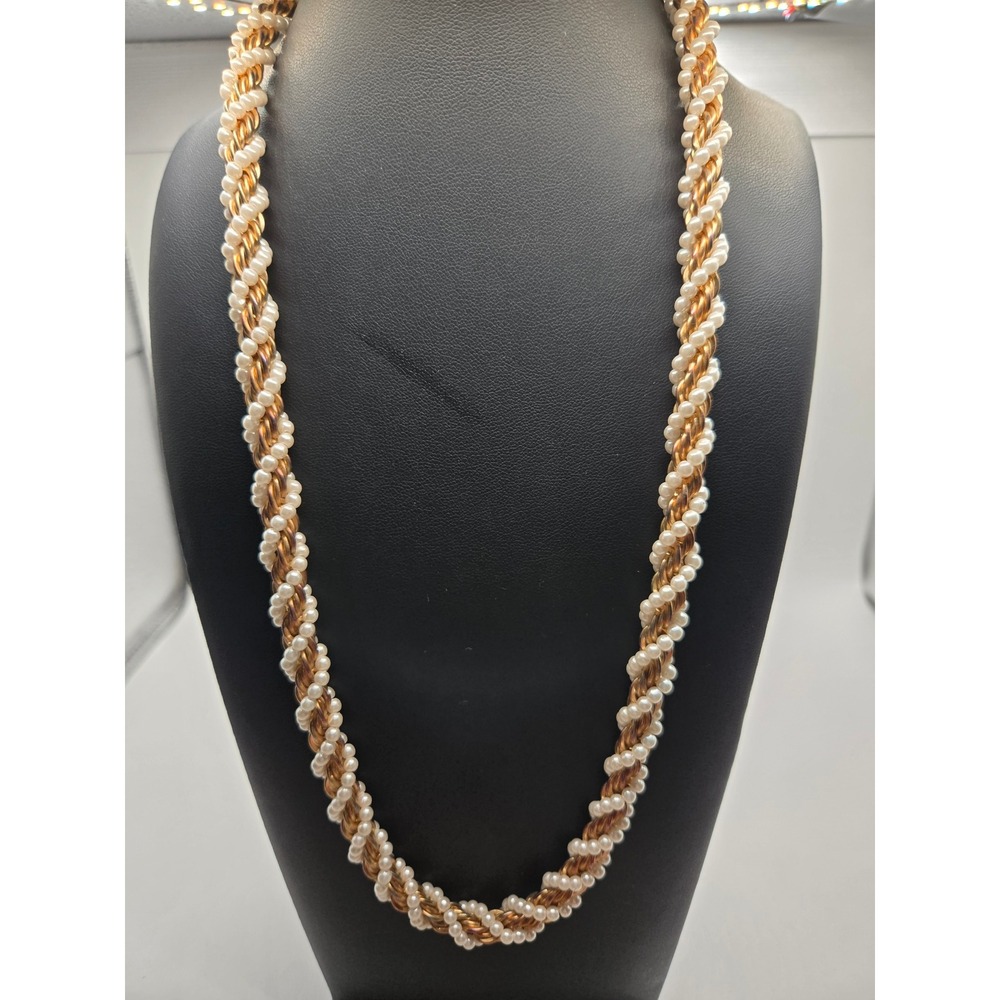 Vintage Gold Tone Twisted Rope Chain Faux Pearl Necklace 24 Inch Statement